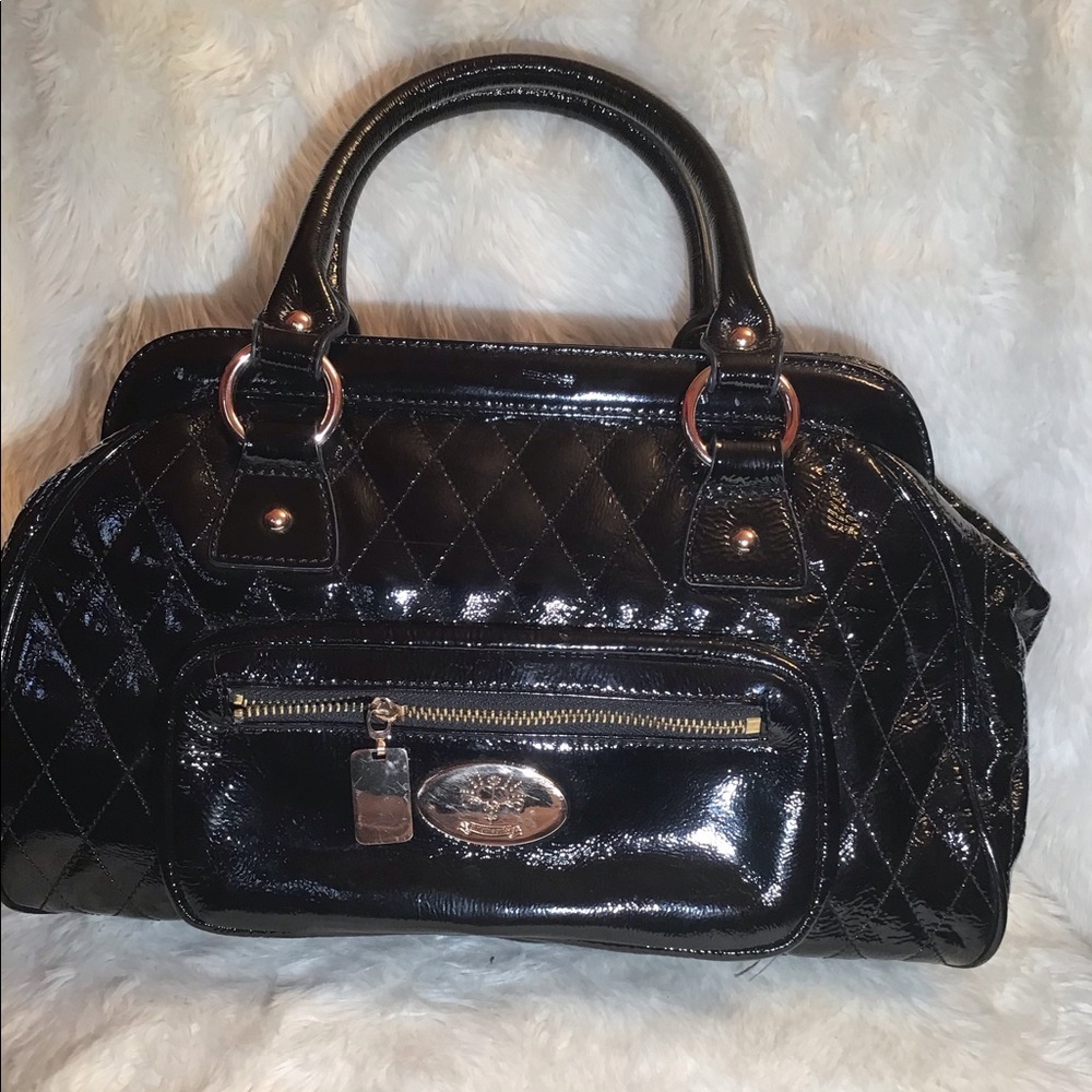 Christine price quilted black patent satchel bag